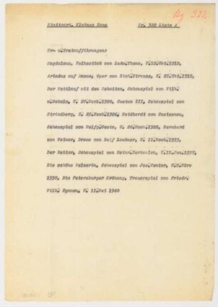 Königliches Hoftheater kleines Haus, Stuttgart: Schriftstück zum Fragebogen für das Handbuch »Das Deutsche Theater«, zwei Seiten