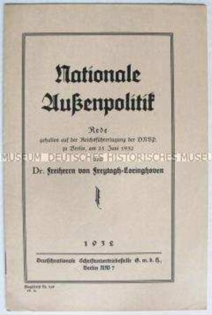 Propagandaschrift der DNVP mit dem Wortlaut einer Rede zur Außenpolitik
