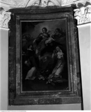 Die Madonna del Rosario reicht den heiligen Dominikus und Klara den Rosenkranz
