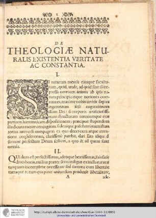 DE THEOLOGIAE NATURALIS EXISTENTIA VERITATE AC CONSTANTIA