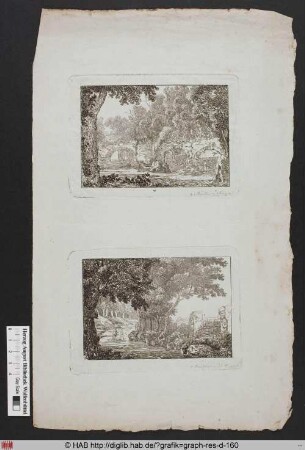 Unten: Spaziergänger und ein Reiter auf einem Weg in bewaldeter Landschaft.