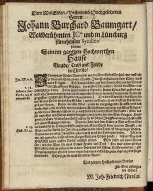 Dem WolEdlen/ Vesten Hochgelehrten Herrn Johann Burchard Baumgart [...]