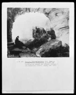 Mönch in einer Felsgrotte am Meer, im Hintergrund Palast der Königin Johanna von Aragonien von Aragonien