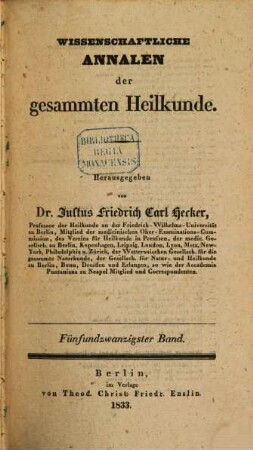 Wissenschaftliche Annalen der gesammten Heilkunde, 25. 1833