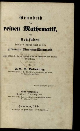 Abth. 1: Grundriß der reinen Mathematik. Erste Abtheilung