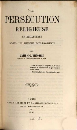La persécution religieuse en Angleterre sous le règne d'Élisabeth