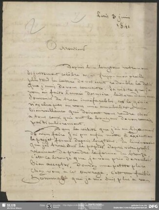 Eigenh. Brief von Pierre Jean David D'Angers an August Wilhelm von Schlegel, Paris, 03.06.1841