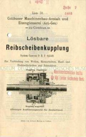 Liste 70. / Lösbare Reibscheibenkupplung System Gawron D.R.P. 64549.