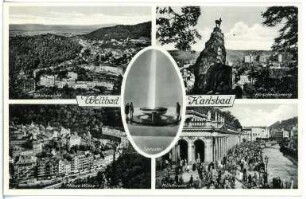 Weltbad Karlsbad. Ansichtspostkarte mit fünf Motiven