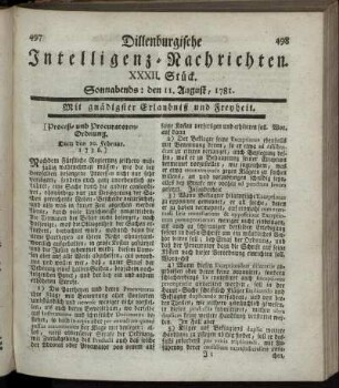 XXXII. Stück. Sonnabends: den 11. August 1781.