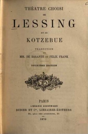 Thé"atre choisi de Lessing et de Kotzebue