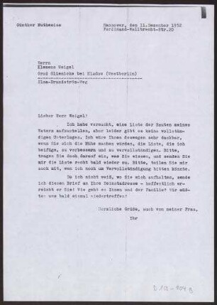 Schreiben an Klemens Weigel, Groß Glienicke bei Kladow (Brief)