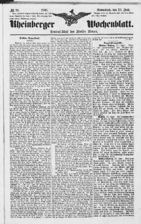 Rheinberger Wochenblatt : Kreis-Intelligenz- und Central=Blatt des Kreises Moers