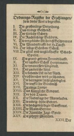 Ordnungs-Register der Erzehlungen/ so in dieser Acerra begriffen.