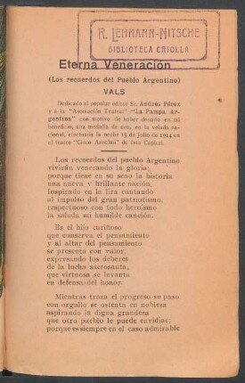 Eterna Veneración : (Los recuerdos del Pueblo Argentino). - Vals