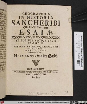 Geographica In Historia Sancheribi Quatuor Capitum Esaiae XXXVI. XXXVII. XXXVIII. XXXIX