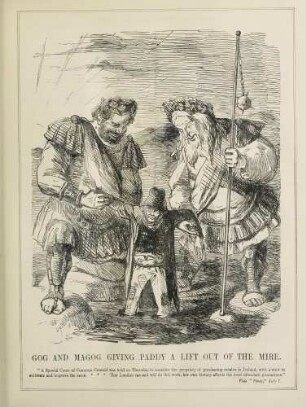 Gog and Magog giving Paddy a lift out of the mire
