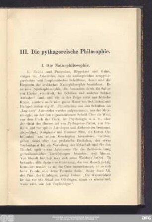 III. Die pythagoreische Philosophie.