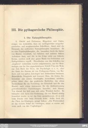 III. Die pythagoreische Philosophie.