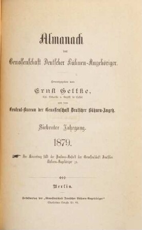 Almanach der Genossenschaft Deutscher Bühnen-Angehöriger : (Gettke's Bühnen-Almanach). 7, 7. 1879