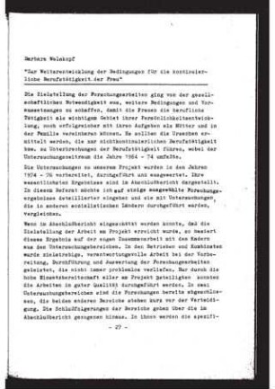 Zur Weiterentwicklung der Bedingungen für die kontinuierlicher Berufstätigkeit der Frau