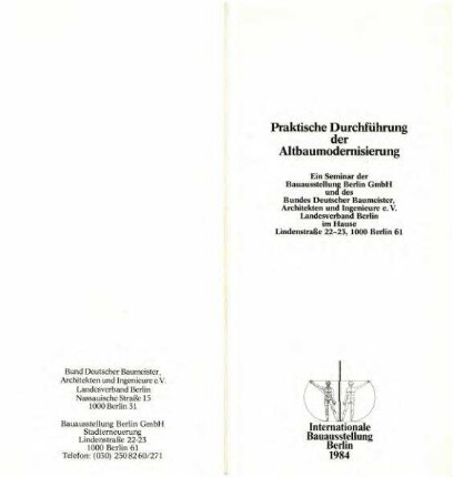 Flyer: Programm IBA-Seminar,               Altbaumodernisierung