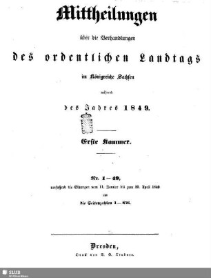 1849: Mitteilungen über die Verhandlungen des Ordentlichen Landtags im Königreiche Sachsen / 1. Kammer