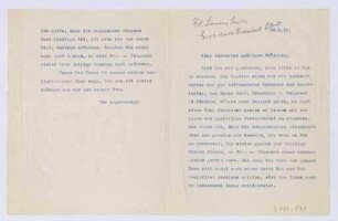 Schreiben an Frl. Simons, London Grosvenor Crescent Club (Brief)