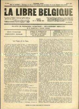 Illegale Wochenzeitung aus dem besetzten Belgien "La Libre Belgique" u.a. zur Einstellung des Papstes zum Frieden