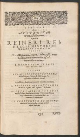 Porisma sive Auctarium rerum Misnicarum Nimirum Reineri Reineccii Historici Clariss. Commentarius De Misenorum origine, rebus gestis, mutationibus, variis dominatibus, & adventu in Germaniam.