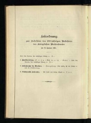 Festordnung zur Jubelfeier des 200jährigen Bestehens des königlichen Waisenhauses am 18. Januar 1901