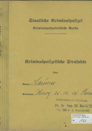 Kriminalpolizeiliche Strafakte Krankenpfleger Henry Laurens (*25.12.1915 in Paris) Frankreich