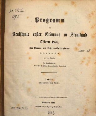 Programm der Realschule Erster Ordnung zu Stralsund : Ostern ..., 1875/76