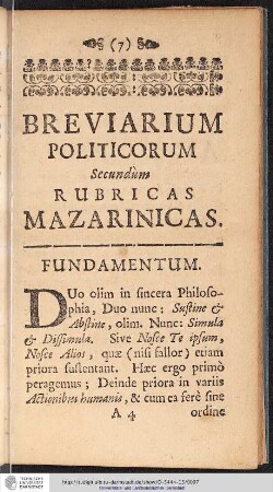 BREVIARIUM POLITICORUM Secundum RUBRICAS MAZARINICAS.