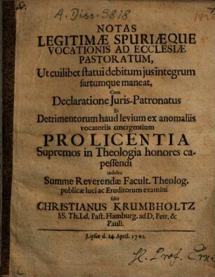 Notas Legitimae Spuriaeque Vocationis Ad Ecclesiae Pastoratum ... sistit Christianus Krumbholtz ...