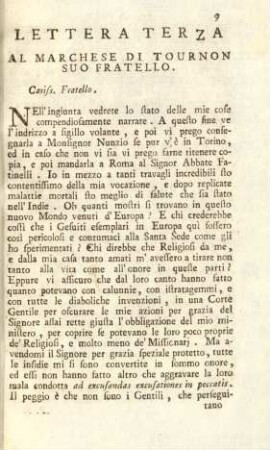 Lettera terza al Marchese di Tournon suo fratello