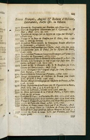 Livres Francois, Anglois & Italiens d´Histoire, Literature, Poesie etc.