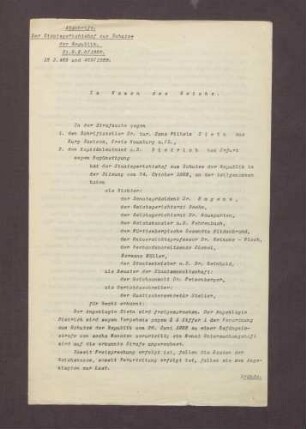 Urteilsverkündung gegen Hans Wilhelm Stein und Kapitänleutnant a. D. Dietrich wegen Gewährung eines Versteckes für die Attentäter von Walther Rathenau