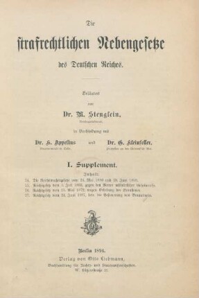 [Bd. 1], Suppl. 1: Kommentare zu den strafrechtlichen Nebengesetzen