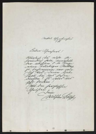 Brief von Wilhelm Bölsche an Gerhart Hauptmann