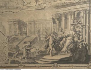 La nuova topografia di RomaTafel 12 (Südost) - Alla Santità Di Nostro Signore Papa Benedetto XIV La Nuova Topografia Di Roma Ossequiosamente Offerisce e Dedica l'Umilissimo Servo Giambattista Nolli Comasco / Nuova pianta di Roma. Data in luce da Giambattista Nolli. (Pianta grande in 12 Blättern) / Topografia di Romalllustration zur Widmung: Peterskuppel, Kapitolsplatz, Fassade der Lateranbasilika, thronende Personifikation der katholischen Kirche mit Schlüssel Petri, von einem Putto mit der Tiara gekrönt, Jüngling mit dem Wappenschild der Stadt Rom und Christusbanner, Putti mit Vermessungsgeräten