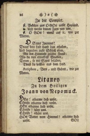 Litaney. Zu dem Heiligen Joann von Nepomuck