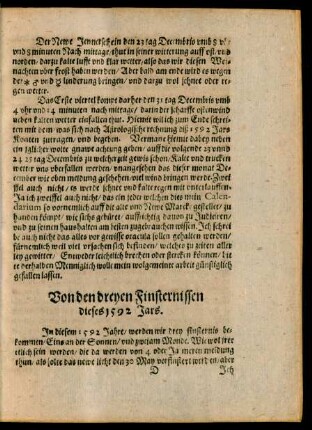 Von den dreyen Finsternissen dieses 1592 Jars.