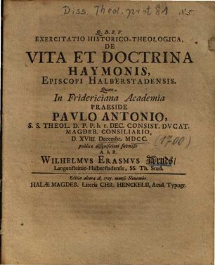 Exercitatio Historico-Theologica, De Vita Et Doctrina Haymonis, Episcopi Halberstadensis