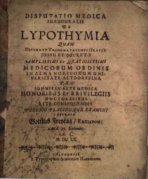 Disputatio Medica Inauguralis De Lypothymia