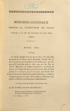 Mémoires-Journaux de Pierre de L'Estoile : suivie d'une étude biographique et d'une table analytique, 8. Journal de Henri IV : 1602 - 1607