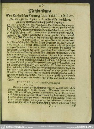 Beschreibung Der Kayserlichen Crönung Leopoldi Primi, & [et]c.