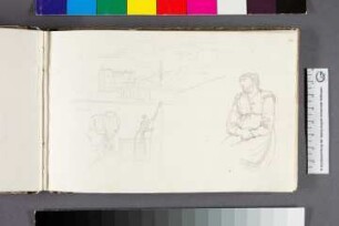 Italiensiche Landschaft mit Stadt und Hügeln, Frauenkopf, Frau an Flaschenzug, schlafende Frau, Dach mit Fenster