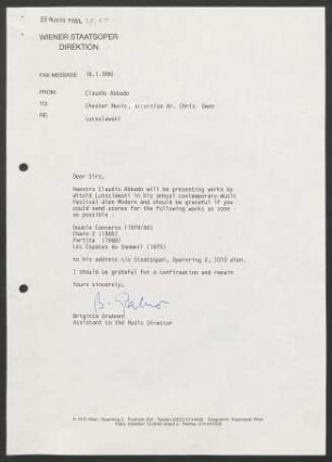 Brief an Chris Owen an Chester Music (London), 16.01.1990