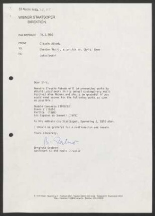 Brief an Chris Owen an Chester Music (London), 16.01.1990